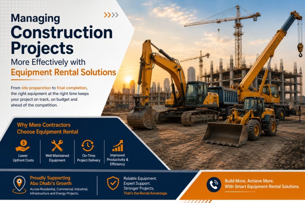 Construction equipment rental solutions supporting efficient project management with excavators, cranes, loaders, and heavy machinery